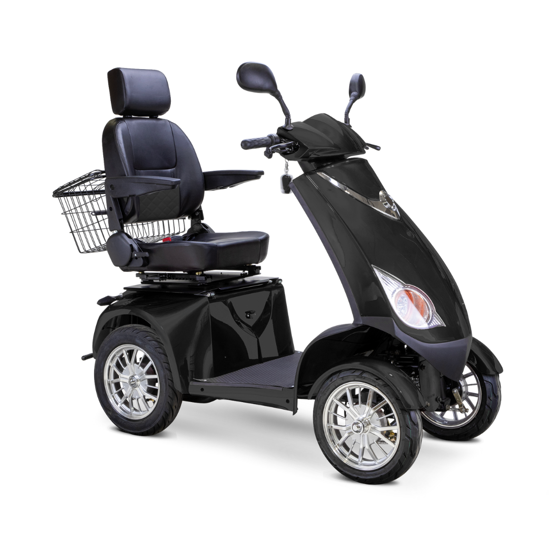 The Bespoke Platinum Recreational 4-Wheel Scooter with Electric Brake Assist offers a high-performance motor, padded seat with armrests, backrest, headrest, rear wire basket, and handlebar mirrors in a sleek black design.